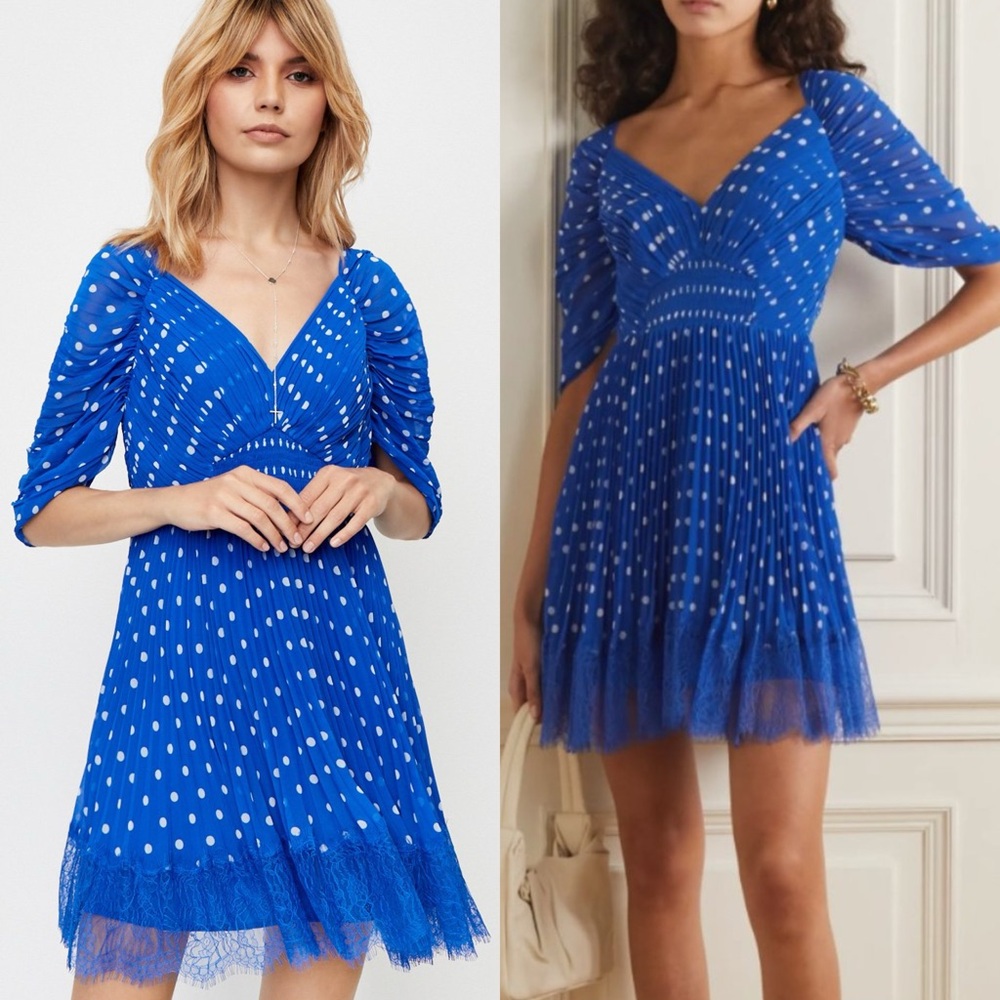 NEW Self-Portrait Polka Dot Mini Dress Lace Trimmed Pleated Dress